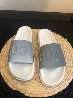 HUGO Gray Logo Slide Sandals with White Footbed